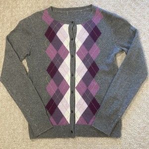 Cardigan Argyle Sweater Womens Wool Blend Gray Purple White Sz Small Button Up